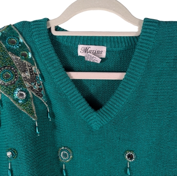 Vintage Marina Embellished Green Beaded Sweater 80s Glam Statement L - Picture 12 of 15